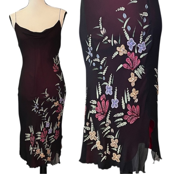 Vintage Betsey Johnson New York Silk Sheer Mesh Painted Beaded Floral Slip  Dress